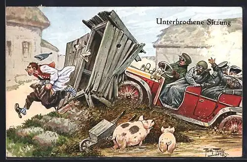 Künstler-AK A. Thiele: Auto fährt Plumpsklo um, Die unterbrochene Sitzung