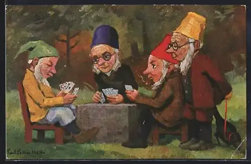 Künstler-AK Paul Lothar Müller: Zwerge beim Kartenspiel