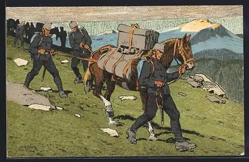 Künstler-AK Carl Moos: schweizer Gebirgstruppen mit Packpferd