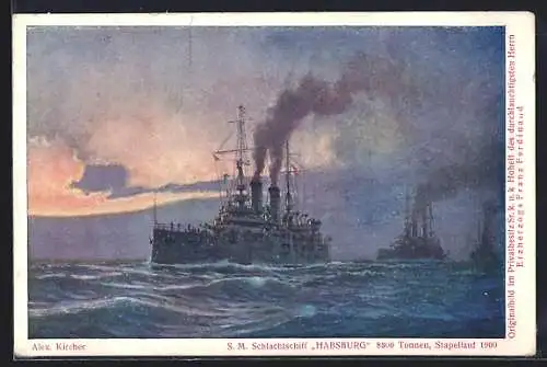 Künstler-AK Alexander Kircher: SM Schlachtschiff Habsburg in Abenddämmerung