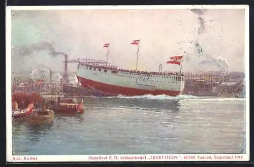 Künstler-AK Alexander Kircher: Kriegsschiff S. M. Tegetthoff beim Stapellauf 1912