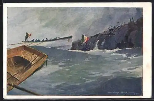 Künstler-AK Harry Heusser: Rettung der Besatzung d. ital. Panzerkreuzers Amalfi