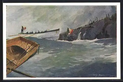 Künstler-AK Harry Heusser: Rettung der Besatzung d. ital. Panzerkreuzers Amalfi