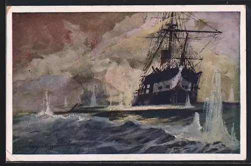 Künstler-AK Harry Heusser: Österreichisches Kriegsschiff in der Seeschlacht bei Lissa