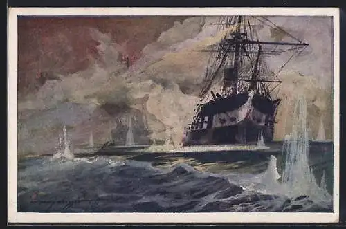 Künstler-AK Harry Heusser: Österreichisches Kriegsschiff in der Seeschlacht bei Lissa