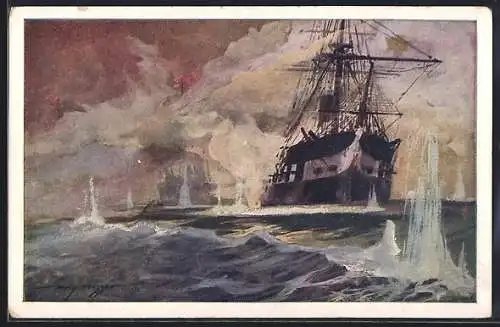 Künstler-AK Harry Heusser: Österreichisches Kriegsschiff in der Seeschlacht bei Lissa