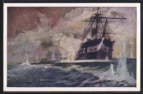 Künstler-AK Harry Heusser: Österreichisches Kriegsschiff in der Seeschlacht bei Lissa