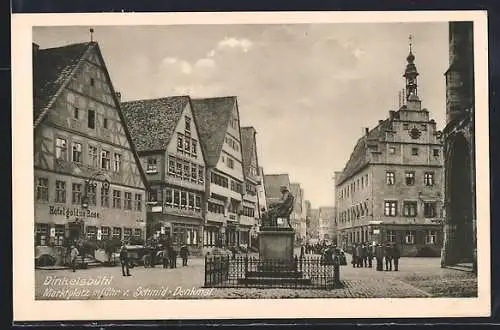 AK Dinkelsbühl, Marktplatz mit Hotel goldne Rose Chr. v. Schmid-Denkmal