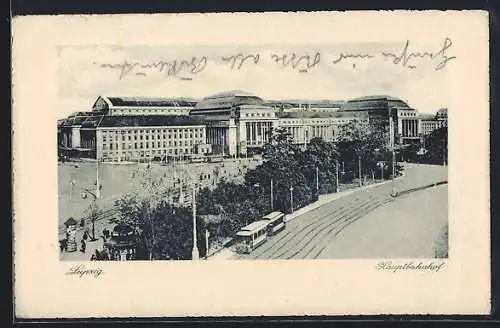 AK Leipzig, Blick auf den Hauptbahnhof mit Strassenbahn