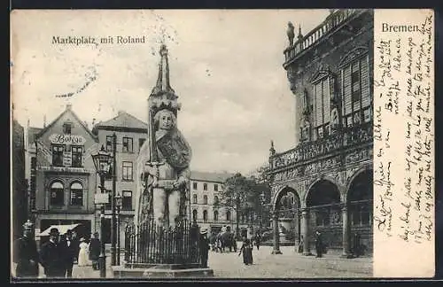 AK Bremen, Marktplatz mit Roland und Gasthaus Bodega