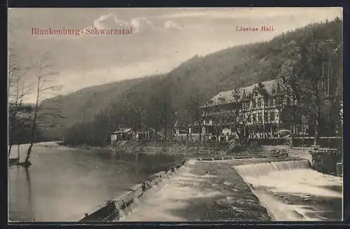 AK Blankenburg-Schwarzatal, Flusspartie mit Gasthaus Lösches Hall