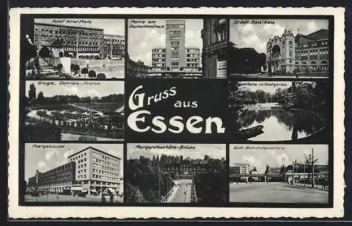 AK Essen, Ortspartien  Platz, Margarethenhöhe-Brücke und Dahlien-Arena