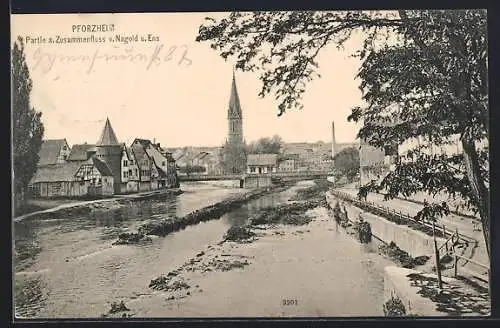 AK Pforzheim, Partie a. Zusammenfluss v. Nagold und Ens