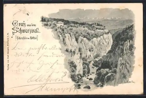 Künstler-AK Hohenfels im Albthal, Teilansicht der Schlucht mit Bergflusspartie