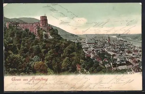 AK Heidelberg, Blick auf Burg und Ortschaft