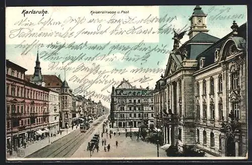 AK Karlsruhe, Kaiserstrasse u. Post