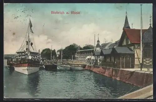 AK Biebrich a. Rhein, Bootsanlegestelle am Rheinufer