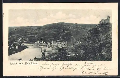 AK Bernkastel, Ortsansicht mit Fluss und Brücke