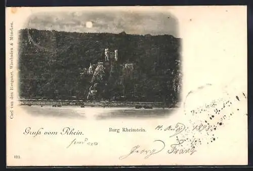 AK Rheinstein, Flusspartie mit Burg im Mondschein