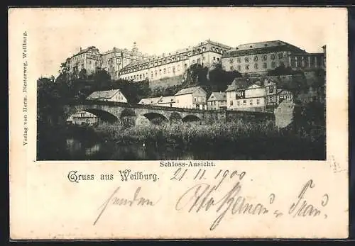 AK Weilburg, Schlossansicht mit Brücke vom Wasser aus