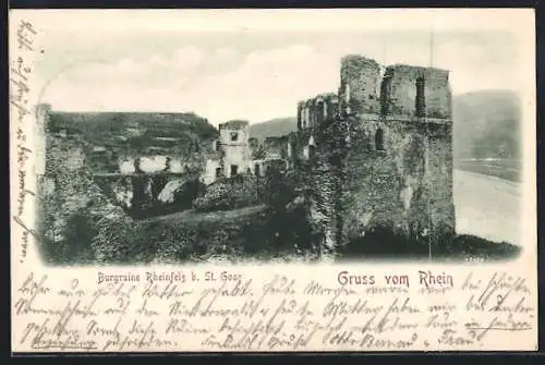AK Rheinfels b. St. Goar, Ansicht der Burgruine mit Flusspartie