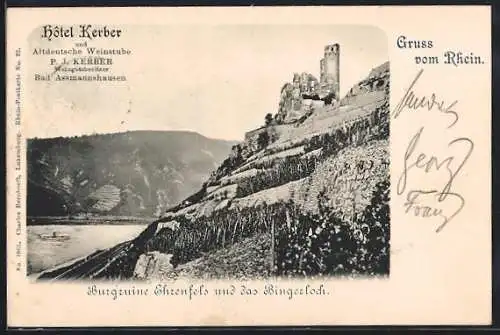 AK Bad Assmannshausen, Burgruine Ehrenfels und das Bingerloch