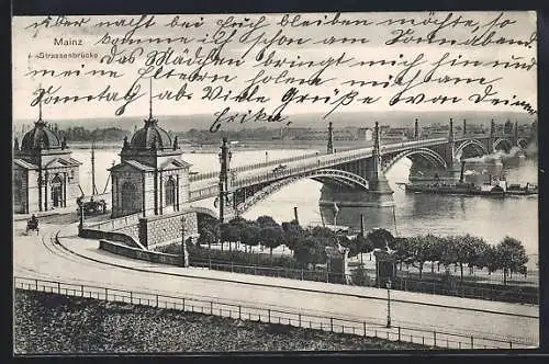 AK Mainz, Strassenbrücke mit Flusspartie und Dampfer