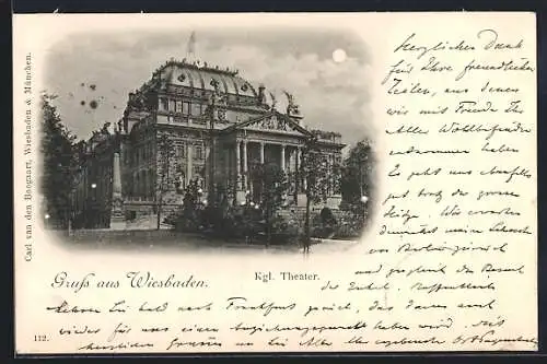 AK Wiesbaden, Kgl. Theater mit Vorplatz bei Mondschein