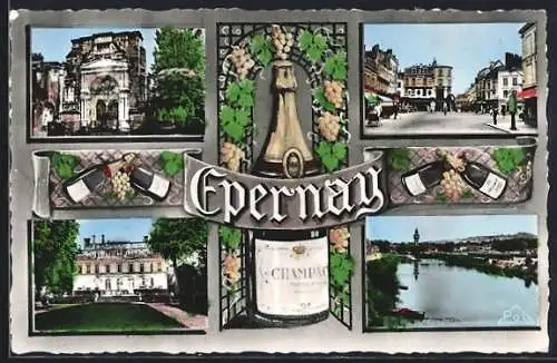 AK Epernay, Ortspartien, Strassenpartie und Flusspartie, Passepartout mit Champagnerflasche