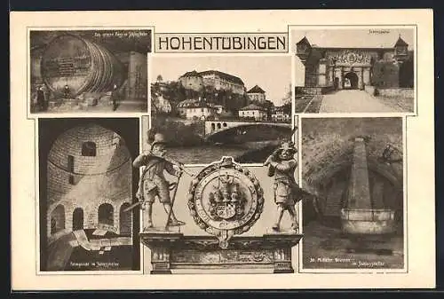 AK Tübingen, Das grosse Fass im Schlosskeller, Schlossportal, Brunnen im Schlosskeller