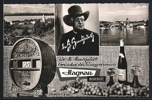 AK Hagnau /Bodensee, Ortsansichten mit Alpenpanorama und vom See aus, Passepartout mit Dr. H. Hansjakob