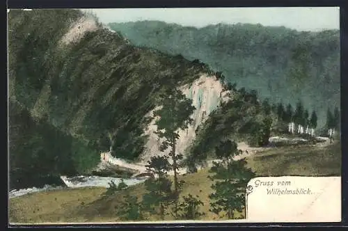 Künstler-AK Wilhelmsblick, Abbildung einer Flusspartie mit Panorama