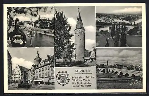 AK Kitzingen /Main, Flusspartie mit Weinflasche und Glas, Brücke mit Zug, Ortspartie mit Denkmal