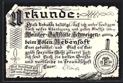 AK Schweigen, Weintor-Gaststätte, Pächter Lorenz Leiling, Urkunde