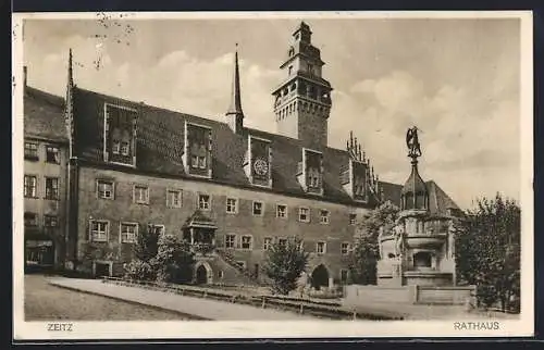 AK Zeitz, Rathaus mit Vorplatz und Brunnen