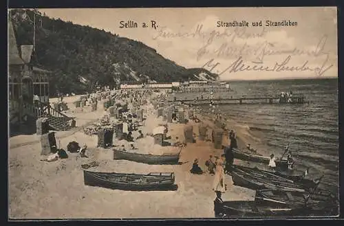 AK Sellin a. R., Strandhalle und Strandleben, Badegäste, Ruderboote und Strandkörbe