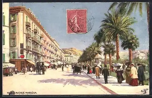 AK Nice, Avenue Masséna animée avec passants et palmiers