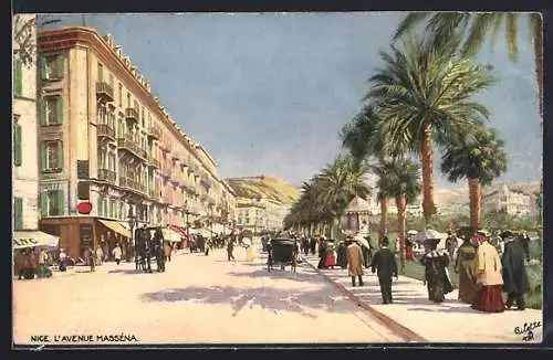 AK Nice, L`Avenue Masséna animée avec promeneurs et calèches