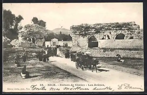 AK Nice, Ruines de Cimiez, Les Arènes, scène animée avec calèche et visiteurs