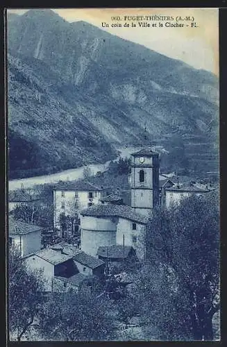 AK Puget-Théniers, Un coin de la Ville et le Clocher