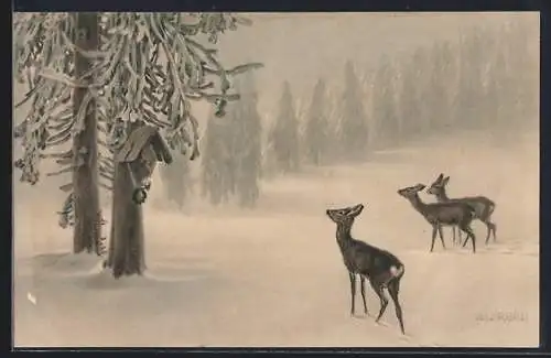 Künstler-AK R. Ulreich: Rehe im Schnee an einem geschmückten Heiligenbild