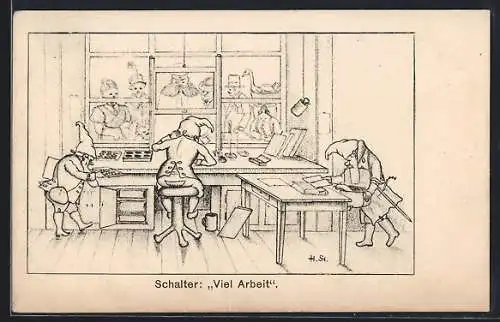 Künstler-AK H. Starkloff: Zwerge am Schalter
