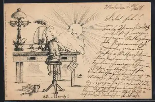 Künstler-AK H. Starkloff: Zwerg am Schreibtisch