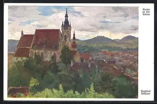 Künstler-AK Siegfried Stoitzner: Krems a.d. Donau, Ortsansicht mit Kirche