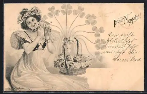 Künstler-AK H. Schubert: Hübsche Dame mit Glücksschweinchen