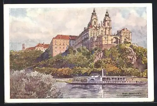 Künstler-AK Rudolf Schmidt: Melk, Schlossanlage mit Donaudampfer