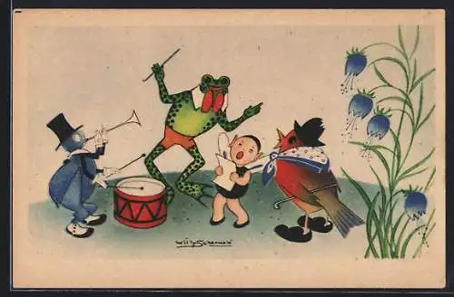 Künstler-AK Willy Schermele: Frosch und Vogel musizieren