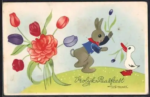 Künstler-AK Willy Schermele: Osterhase und Ente
