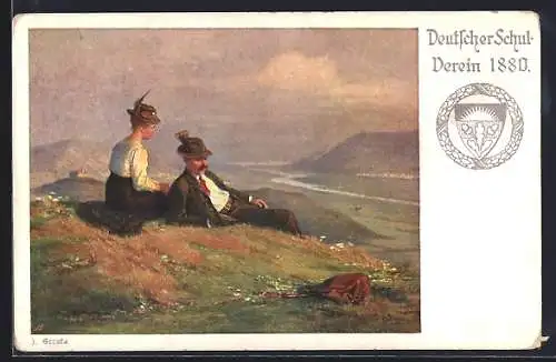 Künstler-AK Josef Straka: Paar macht Rast auf einem Berg, Deutscher Schulverein