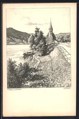 Künstler-AK Ulf Seidl: St. Johann /Wachau, Ortsansicht mit Kirche